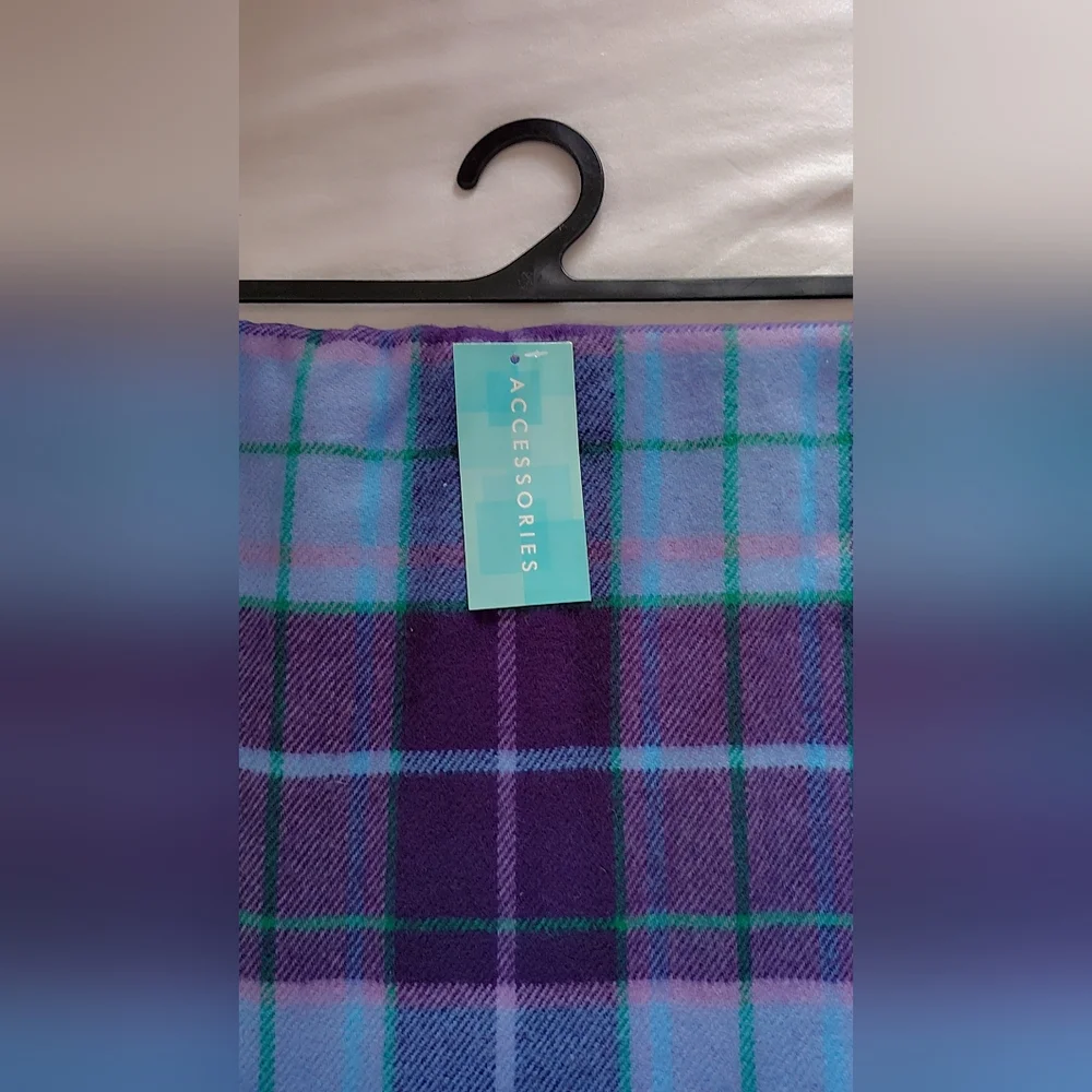 NWT UNISEX Plaid Fringe Winter Scarf - Blue, Purple & Teal